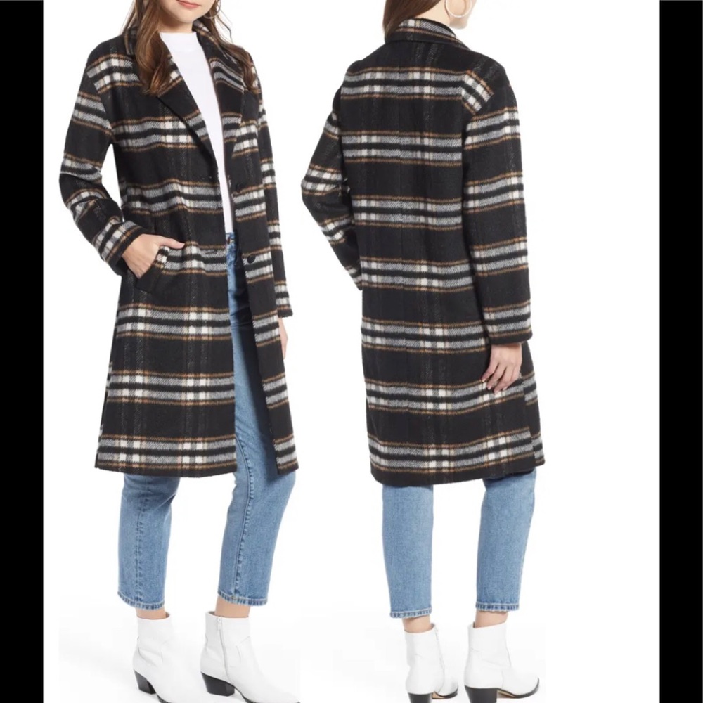 Something Navy Longline Checkered Wool Coat EUC S